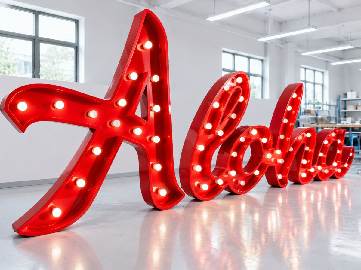 Custom script lettering in red, built as marquee letters from a client artwork
